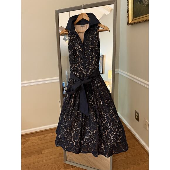 ELIZA J Womens Navy Tie-belt Lined Sleeve Formal Gown Dress 0 - Picture 2 of 5